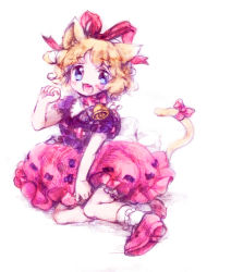 Rule 34 | 1girl, amo (shibu3), animal ears, bell, neck bell, blonde hair, blue eyes, bow, cat ears, cat tail, collar, fang, hair ribbon, kemonomimi mode, looking at viewer, medicine melancholy, open mouth, paw pose, puffy short sleeves, puffy sleeves, ribbon, shirt, short sleeves, skirt, smile, solo, tail, tail bow, tail ornament, touhou, traditional media
