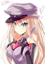 Rule 34 | 1girl, bismarck (kancolle), black gloves, blonde hair, blue eyes, blush, breasts, flat cap, gift, gloves, happy valentine, hat, heart, highres, hizaka, kantai collection, large breasts, long hair, looking at viewer, military, military uniform, naval uniform, one-hour drawing challenge, peaked cap, simple background, smile, solo, uniform, white background