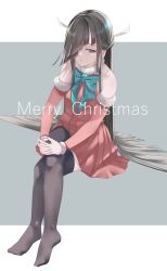 Rule 34 | 001machi, 1girl, absurdres, alternate costume, bare shoulders, black hair, black thighhighs, christmas, crossed legs, detached sleeves, full body, hair over one eye, hair ribbon, hayashimo (kancolle), highres, kantai collection, long hair, merry christmas, parted lips, purple eyes, ribbon, santa costume, solo, thighhighs, white ribbon