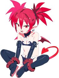 Rule 34 | 1girl, absurdres, belt, black choker, black footwear, black gloves, black thighhighs, boots, choker, demon girl, demon tail, disgaea, earrings, elbow gloves, etna (disgaea), fang, flat chest, gloves, highres, jewelry, jiryu50610218, looking at viewer, open mouth, pointy ears, red eyes, red hair, red tail, red wings, simple background, sitting, skull earrings, solo, tail, thighhighs, twintails, white background, white belt, wings