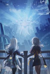 Rule 34 | 2girls, absurdres, against railing, black jacket, black pantyhose, building, chinese commentary, city, cityscape, commentary request, cropped jacket, daokouniao, dress, facing away, firefly (honkai: star rail), frilled sleeves, frills, from behind, glowing, grey hair, highres, honkai: star rail, honkai (series), jacket, long sleeves, medium hair, multiple girls, outdoors, pantyhose, procreate (medium), railing, scenery, smile, standing, stelle (honkai: star rail), trailblazer (honkai: star rail), white dress, white hair, wide shot, yellow eyes