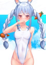 Rule 34 | 1girl, absurdres, animal ear fluff, animal ears, arm behind back, arm up, armpits, bare arms, bare shoulders, blue hair, blue sky, blush, bow, breasts, carrot hair ornament, collarbone, commentary request, competition swimsuit, covered navel, cowboy shot, day, food-themed hair ornament, groin, hair bow, hair ornament, highleg, highleg swimsuit, highres, hololive, looking at viewer, multicolored hair, one-piece swimsuit, open mouth, outdoors, rabbit ears, red eyes, sky, small breasts, solo, swimsuit, thick eyebrows, thigh gap, two-tone hair, usada pekora, virtual youtuber, white bow, white hair, white one-piece swimsuit, yoshiheihe