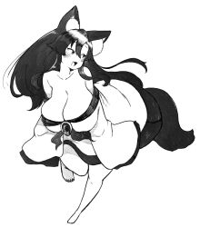Rule 34 | 1girl, :d, animal ear fluff, animal ears, bare legs, bare shoulders, barefoot, bent over, blush, breasts, cleavage, collarbone, commentary request, dot nose, dress, fang, full body, greyscale, hair between eyes, happy, highres, himajin noizu, huge breasts, imaizumi kagerou, long hair, looking to the side, monochrome, off-shoulder dress, off shoulder, open mouth, running, skin fang, smile, solo, tail, toenails, toes, touhou, very long hair, wolf ears, wolf tail