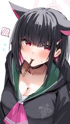 Rule 34 | 1girl, absurdres, animal ears, black choker, black hair, black jacket, blue archive, blush, breasts, cat ears, choker, cleavage, collarbone, colored inner hair, extra ears, food, halo, highres, hood, hooded jacket, horn/wood, jacket, kazusa (blue archive), large breasts, looking at viewer, mouth hold, multicolored hair, neckerchief, pink eyes, pink hair, pink neckerchief, pocky, short hair, simple background, spoken blush, sweat, two-tone hair, upper body, white background