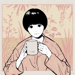 Rule 34 | 1girl, black eyes, black hair, cup, highres, holding, holding cup, long sleeves, looking at viewer, miyoshi yoshimi, original, plant, shirt, short hair, short sleeves, signature, solo, striped clothes, striped shirt, upper body