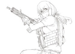 Rule 34 | 1girl, ayyh, breasts, bulletproof vest, female focus, gloves, greyscale, gun, lineart, long hair, looking to the side, monochrome, rifle, safety glasses, simple background, solo, vest, weapon, white background