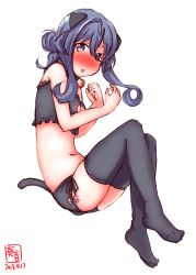 Rule 34 | 1girl, alternate costume, anal tail, animal ears, artist logo, bell, black bra, black panties, black thighhighs, blue eyes, blue hair, blush, bra, breasts, cat cutout, cat ear panties, cat ears, cat lingerie, cat tail, choker, cleavage cutout, clothing cutout, collar, commentary request, dated, fake animal ears, fake tail, frilled bra, frills, gotland (kancolle), hair between eyes, hair bun, highres, jingle bell, kanon (kurogane knights), kantai collection, lingerie, long hair, looking at viewer, lying, meme attire, mole, mole under eye, navel, neck bell, panties, side-tie panties, simple background, single hair bun, small breasts, solo, stomach, tail, thighhighs, underwear, underwear only, white background