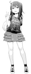 Rule 34 | 10s, 1girl, :p, ahoge, alexa mahone, backpack, bad id, bad pixiv id, bag, clothes writing, english text, final fantasy, final fantasy xiv, greyscale, hair ornament, hairclip, long hair, monochrome, original, scrunchie, shoes, side ponytail, skirt, sneakers, socks, solo, standing, tongue, tongue out, v