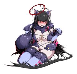 Rule 34 | 1girl, absurdres, ahoge, animal ear fluff, animal ears, bikini, black hair, black wings, blood, blue archive, blunt bangs, blush, breasts, claws, cleavage, commentary request, cosplay, crazy eyes, crazy smile, curvy, elbow gloves, fake animal ears, fingernails, full-face blush, full body, fur-trimmed gloves, fur-trimmed thighhighs, fur bikini, fur collar, fur trim, gloves, halo, highres, holding own tail, korean commentary, lace, lace-trimmed thighhighs, large breasts, long fingernails, looking at viewer, low wings, mash kyrielight, mash kyrielight (cosplay), mash kyrielight (dangerous beast), mash kyrielight (dangerous beast) (cosplay), melting halo, messy hair, navel, pale skin, plump, purple bikini, purple gloves, purple thighhighs, red eyes, red halo, revealing clothes, ryuki, seiza, sharp fingernails, sharp teeth, simple background, sitting, smile, solo, sweat, swimsuit, tail, teeth, thighhighs, tsurugi (blue archive), very sweaty, wavy mouth, white background, wings, wolf ears