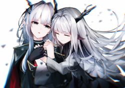 Rule 34 | 2girls, alina (arknights), arknights, artist name, black gloves, closed eyes, commentary request, gloves, grey eyes, head tilt, highres, horns, leria v, long hair, long sleeves, multiple girls, parted lips, silver hair, simple background, smile, spoilers, talulah (arknights), talulah the fighter (arknights), upper body, white background