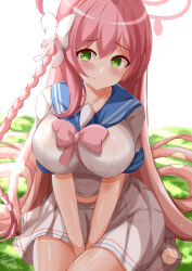 Rule 34 | 1girl, blue archive, blue sailor collar, blush, bow, braid, breasts, closed mouth, commentary request, green eyes, hair between eyes, hair bow, halo, hanako (blue archive), highres, large breasts, looking at viewer, on grass, pink bow, pink hair, pleated skirt, sailor collar, shirt, simple background, single braid, sitting, skirt, smile, solo, white background, white bow, white shirt, white skirt, xenon (for achieve)