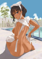 Rule 34 | 1girl, :d, apron, ass, back, barefoot, black eyes, black hair, blue sky, blush, breasts, cloud, dark-skinned female, dark skin, day, frills, highres, looking at viewer, maid, maid apron, matilda (throtem), naked apron, open mouth, original, outdoors, pool, poolside, sitting, sky, smile, solo, throtem, wet