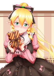 Rule 34 | 1girl, blonde hair, blush, box, chocolate, closed mouth, dress, gift, green eyes, hair between eyes, heart-shaped box, highres, holding, holding gift, ken-ji, leafa, long hair, long sleeves, pink dress, pointy ears, ponytail, smile, solo, sword art online, upper body, valentine, very long hair