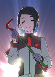 Rule 34 | 1girl, asticassia school uniform, backlighting, black gloves, black hair, blue hair, blue jacket, closed eyes, closed mouth, colored inner hair, commentary request, crowbar, facing viewer, false smile, gloves, gundam, gundam suisei no majo, highres, jacket, layered sleeves, multicolored hair, nika nanaura, partial commentary, school uniform, short hair, smile, solo, standing, swept bangs, two-tone hair, ueyama michirou