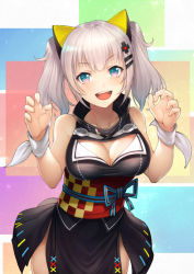 Rule 34 | 1girl, :d, animal ears, bad id, bad pixiv id, bare arms, bare shoulders, black dress, blue eyes, blunt bangs, blush, breasts, cat ears, claws, cleavage, cleavage cutout, clothing cutout, collarbone, cowboy shot, dress, fake animal ears, hair ornament, hairclip, kaguya luna, kyoeiki, long hair, looking at viewer, medium breasts, multicolored background, open mouth, pink eyes, sash, short twintails, side slit, sleeveless, sleeveless dress, smile, solo, standing, sweatband, tareme, teeth, the moon studio, twintails, upper teeth only, virtual youtuber, w arms