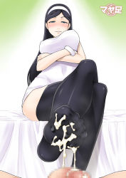 Rule 34 | 10s, bed, black hair, black legwear, blue eyes, blush, censored, clothed female nude male, crossed arms, cum, cum on body, cum on clothes, cum on feet, cum on lower body, feet, footjob, from below, hairband, highres, hornet (artist), kumashiro maya, long hair, looking at viewer, no shoes, nude, penis, pov, seikimatsu occult gakuin, sitting, smirk, soles, thighhighs, toes, zettai ryouiki