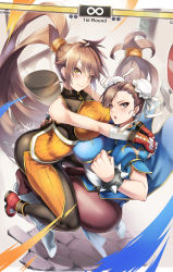 Rule 34 | 2girls, ass, ass grab, asymmetrical docking, barrel, boots, bracelet, breast press, breasts, brown eyes, brown hair, bun cover, capcom, chinese clothes, chun-li, crossover, dnf duel, double bun, dungeon and fighter, earrings, fighter (dungeon and fighter), gainoob, hair bun, health bar, highres, hug, jewelry, large breasts, long hair, low-tied long hair, multiple girls, pantyhose, pearl earrings, ponytail, puffy short sleeves, puffy sleeves, short sleeves, smile, spiked bracelet, spikes, street fighter, striker (dungeon and fighter), very long hair, white footwear, yuri