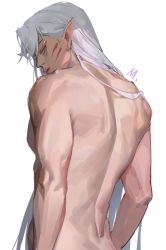 Rule 34 | 1boy, back, back focus, commentary, facial mark, from behind, inuyasha, long hair, looking at viewer, looking back, male focus, mmmilk, nude, parted lips, pointy ears, sesshoumaru, simple background, solo, upper body, whisker markings, white background, white hair, yellow eyes