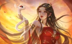 Rule 34 | 1girl, absurdres, animal, armlet, bare shoulders, bracelet, brown hair, cai lin (doupo cangqiong), cloud, cloudy sky, collar, doupo cangqiong, dress, dusk, earrings, highres, holding, holding animal, jewelry, ji hui zhaoxi, long hair, looking to the side, metal collar, parted lips, pointy ears, red dress, second-party source, sky, snake, solo, upper body