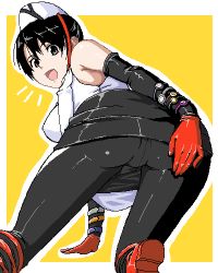 Rule 34 | 1girl, akiyama rina, all fours, arm support, armpits, ass, bent over, black hair, border, breasts, elbow gloves, from behind, gloves, grey eyes, happy, hat, kamen rider, kamen rider den-o, kamen rider den-o (series), looking at viewer, looking back, lowres, miniskirt, naomi (den-o), oekaki, outline, outside border, pantyhose, red gloves, simple background, skirt, smile, solo, white border