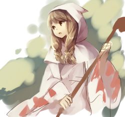 Rule 34 | 1girl, blonde hair, female focus, final fantasy, final fantasy tactics, hood, open mouth, robe, solo, staff, weee (raemz), white mage, white mage (fft), white mage (final fantasy), yellow eyes