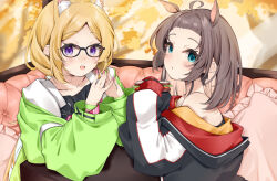 Rule 34 | 2girls, aki rosenthal, aki rosenthal (gaming casual), animal ear fluff, animal ears, bare shoulders, black jacket, blonde hair, blue eyes, blush, cat ears, cat girl, collarbone, commentary, erubusubori, extra ears, fingernails, food, forehead, frilled pillow, frills, glasses, green jacket, green nails, hair pulled back, holding, holding food, holding sandwich, hololive, horse ears, horse girl, jacket, long hair, long sleeves, looking at viewer, medium hair, multicolored nails, multiple girls, natsuiro matsuri, natsuiro matsuri (gaming casual), open mouth, parted bangs, parted lips, pillow, pink nails, purple eyes, sandwich, sleeves past wrists, steepled fingers, upper body, virtual youtuber