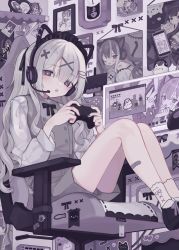 Rule 34 | 1girl, :o, absurdres, animal ear headphones, animal ears, bandaid, bandaid on leg, black bow, black ribbon, blush, bow, cat ear headphones, chair, clock, commentary, controller, fake animal ears, from below, game controller, gomapiyo (gmpy oaio), grey hair, grey shorts, grey vest, hair between eyes, hair ornament, hair ribbon, hairclip, headphones, heart-shaped picture frame, highres, holding, holding controller, holding game controller, joystick, long sleeves, looking at viewer, looking down, office chair, open mouth, original, picture frame, ponytail, poster (object), purple eyes, purple theme, ribbon, shirt, shorts, sidelocks, sitting, socks, solo, sticker, swivel chair, symbol-only commentary, symbol-shaped pupils, vest, wall clock, white footwear, white shirt, white socks, x-shaped pupils, x hair ornament