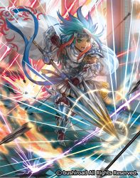 Rule 34 | 10s, 1boy, armor, armored boots, arrow (projectile), blue hair, boots, cape, cardfight!! vanguard, company name, dark skin, dark-skinned male, electricity, full body, gloves, green eyes, headband, knight of honesty carausius, long hair, male focus, moreshan, multicolored hair, official art, open mouth, red hair, solo, teeth, two-tone hair