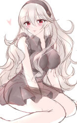Rule 34 | 1girl, bare arms, bare shoulders, barefoot, between legs, black dress, black hairband, blush, breasts, brown hair, closed mouth, collared dress, corrin (female) (fire emblem), corrin (fire emblem), dress, feet out of frame, fire emblem, fire emblem fates, hair between eyes, hairband, hand between legs, heart, highres, kirishima riona, long hair, looking at viewer, medium breasts, nintendo, red eyes, simple background, sitting, sketch, sleeveless, sleeveless dress, smile, solo, very long hair, wariza, white background