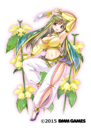 Rule 34 | 1girl, :d, arabian clothes, breasts, brown hair, copyright name, costume request, dancer, dancing, dmm, flower knight girl, full body, high heels, highres, holding, holding knife, knife, lamium (flower knight girl), large breasts, long hair, looking at viewer, name connection, navel, object namesake, official art, open mouth, red eyes, shuz (dodidu), smile, solo, standing, standing on one leg, translucent, white background