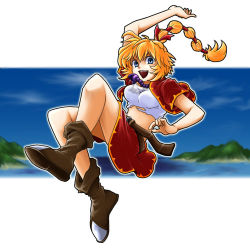 Rule 34 | 1girl, belt, blonde hair, blue eyes, boots, breasts, chrono (series), chrono cross, female focus, full body, jacket, jewelry, kid (chrono cross), kitanokaze36, long hair, lowres, multi-tied hair, nature, necklace, open mouth, ponytail, sky, solo, tank top
