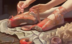 Rule 34 | 1girl, ballet, bangsom, commentary, damaged, english commentary, feet, foot focus, highres, lower body, needle, original, pink nails, scissors, sewing needle, sewing pin, shoelaces, solo