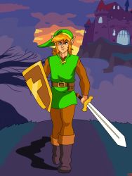 Rule 34 | 1boy, absurdres, blue eyes, castle, frown, full body, ganon, hat, highres, holding, holding sword, holding weapon, link, nintendo, pointy ears, serious, shadow, shield, solo, sword, the legend of zelda, tree, walking, weapon, zelda ii: the adventure of link