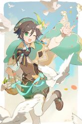 Rule 34 | 1boy, anemo symbol (genshin impact), aqua hair, basket, beret, bird, blue sky, border, bow, bowtie, braid, brown bow, brown bowtie, brown footwear, brown hair, brown vest, cape, cecilia flower (genshin impact), commentary, dove, erua ( 8eru), falling flower, falling petals, flower, foot out of frame, genshin impact, gold trim, gradient hair, green cape, green eyes, green hat, green shorts, hand up, hat, hat flower, highres, holding, holding basket, leg up, loafers, long sleeves, looking at viewer, male focus, multicolored hair, one eye closed, open mouth, pantyhose, pantyhose under shorts, petals, shirt, shoes, short hair with long locks, shorts, side braids, sky, smile, solo, throwing, twin braids, twitter username, venti (genshin impact), vest, vision (genshin impact), white flower, white pantyhose, white shirt