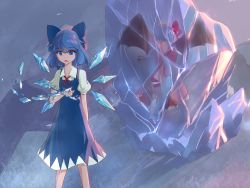 Rule 34 | 2girls, absurdres, bat wings, blue bow, blue dress, blue eyes, blue hair, bow, breaking, chinese commentary, cirno, commentary request, crystal sword, dress, feet out of frame, from behind, frozen, gaanzi, hair between eyes, hair bow, hat, hat ribbon, highres, ice, ice wings, mob cap, multiple girls, neck ribbon, open mouth, pinafore dress, pink dress, pink headwear, puffy short sleeves, puffy sleeves, red ribbon, remilia scarlet, ribbon, shirt, short hair, short sleeves, sleeveless dress, spear the gungnir, standing, sword, touhou, weapon, white shirt, wings