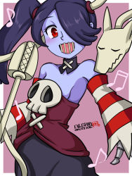 Rule 34 | 1girl, 2022, absurdres, blue hair, blue skin, blush, closed eyes, colored skin, detached collar, detached sleeves, hair over one eye, hamu agaki, highres, leviathan (skullgirls), microphone, musical note, open mouth, pink background, red eyes, side ponytail, skeletal arm, skullgirls, smile, solo, squigly (skullgirls), stitched mouth, stitches, striped sleeves, zombie