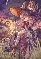 1girl absurdres bow bowtie brown_eyes carnival carousel commentary cotton_(p&amp;d) dress drill_hair ferris_wheel frills hat hat_bow highres horns kuuron_(moesann17) long_hair pink_hair puffy_short_sleeves puffy_sleeves puzzle_&amp;_dragons short_sleeves single_horn sitting_on_fence smile solo star_(symbol) witch_hat