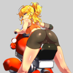 Rule 34 | 1girl, ahoge, ass, bike shorts, blonde hair, blush, cameltoe, don (rg06268), from behind, grey background, highres, long hair, looking at viewer, looking back, motor vehicle, motorcycle, orange sports bra, ponytail, prosthesis, prosthetic arm, purple eyes, riding, rwby, shiny clothes, shiny skin, simple background, solo, sports bra, wavy hair, yang xiao long