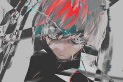 Rule 34 | 1girl, abstract background, angry, blue hair, crack, glitch, grey eyes, highres, looking at viewer, multicolored hair, original, portrait, red hair, shake (shyakep), solo, white hair