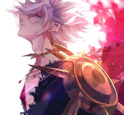 Rule 34 | 1boy, armor, bad id, bad pixiv id, bishounen, blue eyes, chest jewel, choker, earrings, expressionless, face, fate/apocrypha, fate/grand order, fate (series), jewelry, karna (fate), male focus, messy hair, pauldrons, pekerika, profile, shoulder armor, simple background, solo, spikes, white background, white hair