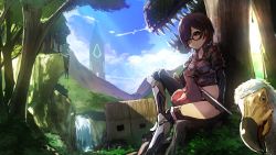 Rule 34 | 1girl, animal, ark survival evolved, blue sky, brown hair, building, camouflage, clothing cutout, cropped jacket, day, dodo (bird), forest, glasses, gun, hair between eyes, highres, holding, holding gun, holding weapon, hololive, looking at viewer, midriff, namako (namacotan), nature, obelisk, outdoors, roboco-san, roboco-san (1st costume), short hair, sky, smile, solo, thigh cutout, tree, virtual youtuber, water, waterfall, weapon, yellow eyes