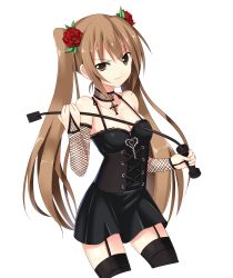 Rule 34 | 1girl, absurdres, artist request, bare shoulders, bdsm, breasts, bridal gauntlets, brown eyes, brown hair, choker, cleavage, dominatrix, elbow gloves, fishnet gloves, fishnets, flower, garter straps, gloves, hair flower, hair ornament, highres, leather skirt, long hair, looking at viewer, red rose, riding crop, rose, small breasts, solo, thighhighs, twintails, white background, zettai ryouiki