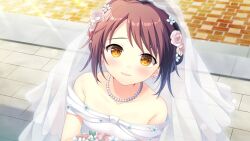 Rule 34 | 1girl, blush, breasts, bridal veil, brown hair, closed mouth, collarbone, courreges ace, day, dress, earrings, flower, game cg, hair flower, hair ornament, hajilove -making lovers-, jewelry, looking at viewer, necklace, off-shoulder dress, off shoulder, outdoors, shinohara kouta, short hair, small breasts, smile, solo, sunlight, tanabe, upper body, veil, wedding dress, white dress, white flower, yellow eyes