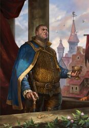 Rule 34 | 1boy, architecture, bald, belt, bird, building, cane, cape, chalice, cloud, cloudy sky, coin, cup, day, european architecture, european clothes, gwent (game), highres, holding, holding cup, leaf, non-web source, sigismund dijkstra, sky, solo, the witcher (series)