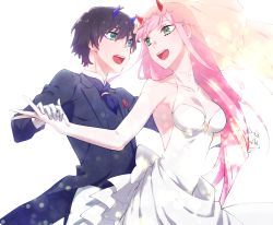 Rule 34 | 10s, 1boy, 1girl, bare shoulders, black hair, black suit, blue eyes, blue horns, breasts, bridal veil, cleavage, collarbone, commentary request, couple, darling in the franxx, dress, elbow gloves, fang, formal, gloves, green eyes, hetero, highres, hiro (darling in the franxx), holding hands, horns, leje39, long hair, looking back, medium breasts, necktie, oni horns, open clothes, open mouth, pink hair, purple neckwear, red horns, short hair, sleeveless, sleeveless dress, smile, suit, veil, wedding dress, white dress, white gloves, zero two (darling in the franxx)