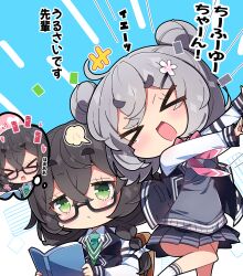 &gt;_&lt; +++ 2girls :d absurdres black-framed_eyewear black_hair black_jacket black_skirt black_vest blue_background blush bow braid cevio chibi closed_eyes closed_mouth collared_shirt commentary_request double_bun flying_sweatdrops glasses green_eyes grey_hair hair_between_eyes hair_bun hanakuma_chifuyu heart highres jacket koharu_rikka letterman_jacket long_hair milkpanda multiple_girls nose_blush open_clothes open_jacket open_mouth outline pink_bow pleated_skirt semi-rimless_eyewear shirt short_eyebrows skirt smile sweater_vest thick_eyebrows translation_request two-tone_background under-rim_eyewear vest white_background white_outline white_shirt xd