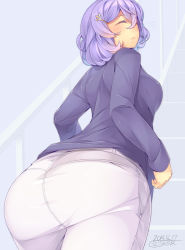 Rule 34 | 1girl, 2014, absurdres, alternate costume, ass, blush, dated, closed eyes, from behind, hair ornament, highres, huge ass, kokka han, letty whiterock, long sleeves, pants, purple hair, short hair, smile, solo, sweater, touhou