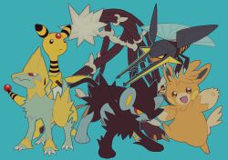 Rule 34 | ampharos, blue background, claws, closed mouth, colored sclera, creatures (company), fang, full body, game freak, gen 2 pokemon, gen 3 pokemon, gen 4 pokemon, gen 7 pokemon, highres, insect wings, luxray, manectric, nintendo, no humans, open mouth, pawmot, pokemon, pokemon (creature), red eyes, red sclera, simple background, ultra beast, v (govvvvw), vikavolt, wings, xurkitree, yellow eyes