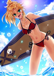 Rule 34 | 1girl, :d, avalon (fate/stay night), beach, bikini, blonde hair, blush, breasts, cleavage, cloud, day, fang, fate/apocrypha, fate/grand order, fate (series), green eyes, highres, holding, holding behind back, long hair, looking at viewer, mordred (fate), mordred (fate) (all), mordred (fate/apocrypha), mordred (swimsuit rider) (fate), mordred (swimsuit rider) (first ascension) (fate), nauchi, navel, open mouth, outdoors, ponytail, red bikini, scrunchie, sky, smile, solo, standing, string bikini, sun, surfboard, swa, swimsuit, tan, water