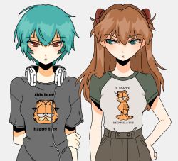 Rule 34 | 2girls, annoyed, arm behind back, ayanami rei, blue eyes, blue hair, brown pants, english text, expressionless, garfield, garfield (character), grey background, grey shirt, hair between eyes, hand on own hip, highres, holding own arm, multiple girls, neon genesis evangelion, orange hair, pants, print shirt, red eyes, shirt, shirt tucked in, short hair, snale, souryuu asuka langley, t-shirt, two side up, upper body